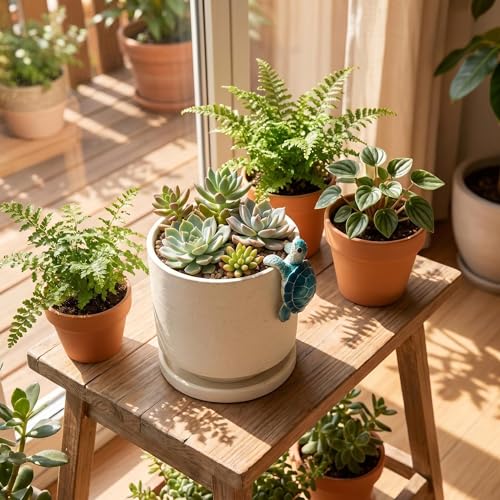 Ceramic Plant Pot with Resin Climbing Tortoise Figure (White+bt / 5.7 Inch)