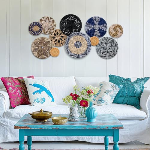 11 Pcs Boho Wall Basket Decor Woven Wall Hanging Art (Blue)