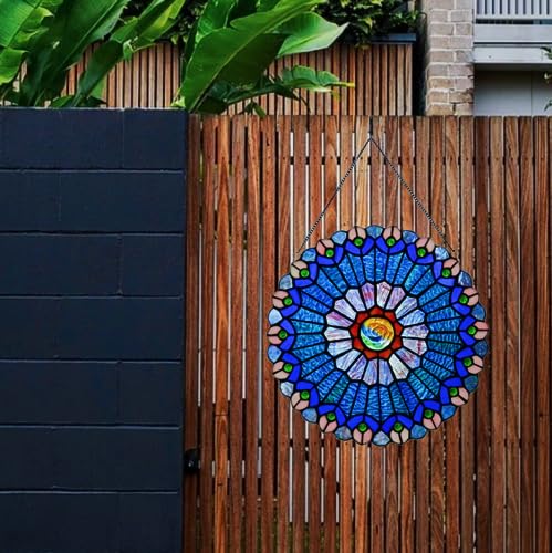 12 Inch Blue Mandala Stained Glass Window Panel (Blue & Red)