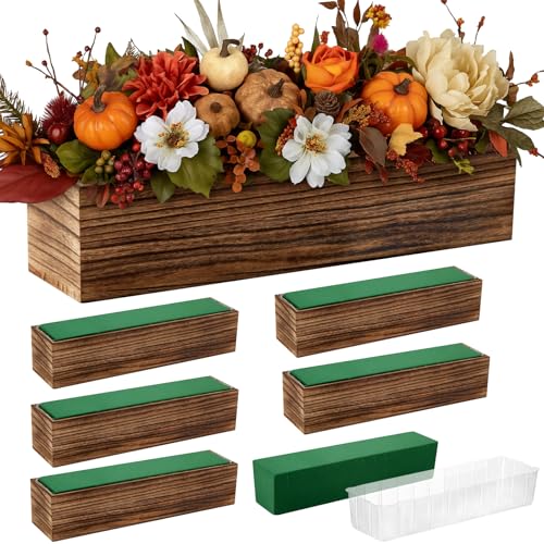 6 Set Wood Rectangle Boxes 16x4 Inch Rustic Planter with Liner (16x4 Inch)