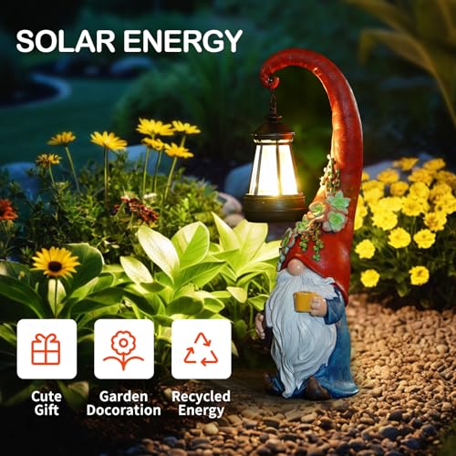 Solar Coffee Gnome Garden Statue with Lantern (Red Hat Gnome 13.39in)