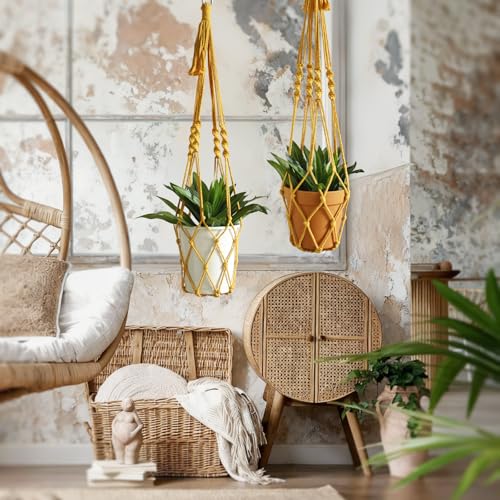 Macrame Plant Hanger Boho Hanging Planter for Indoor Plants Holder (Yellow)