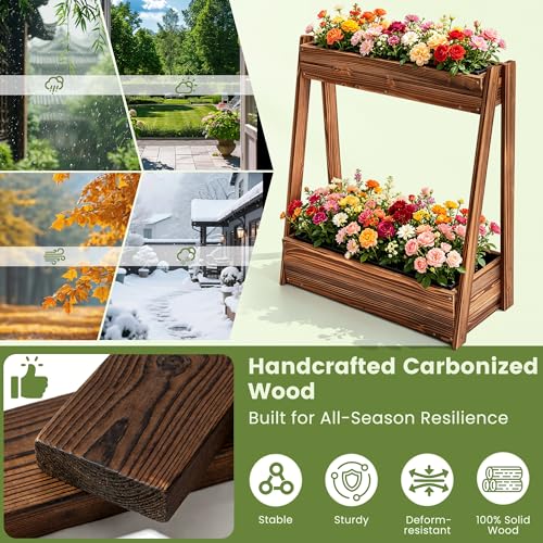 36" 2 Tier Freestanding Elevated Wooden Raised Garden Bed (36" H Garden Bed-carbonized Wood Color)