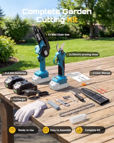 2-in-1 Mini Chainsaw & Pruning Shears, 20V Brushless Motor Combo (Industrial Blue)