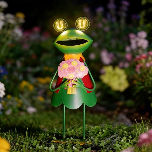 Solar Garden Statues 21" Loving Metal Frog Garden Decor Figurine Lights with LED Eyes for Patio (Solar Eyes Pink Flower Frog / 21 IN-1 PC)