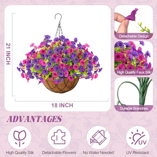 Artificial Fake Hanging Flowers with Basket for Outdoor Decor 12 Pcs UV Resistant Faux Silk Morning Glory Flowers Plants for Outdoor Outside Planters Home Porch Patio Balcony Spring Summer Décor (Dark Red&dark Violet)