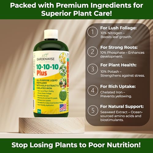 10-10-10 All Purpose Plant Food - Liquid Fertilizer with Seaweed Kelp & Iron - Indoor & Outdoor Plant Food, Vegetables, Flowers, Lawn & Garden 1x8oz (8 Ounce)