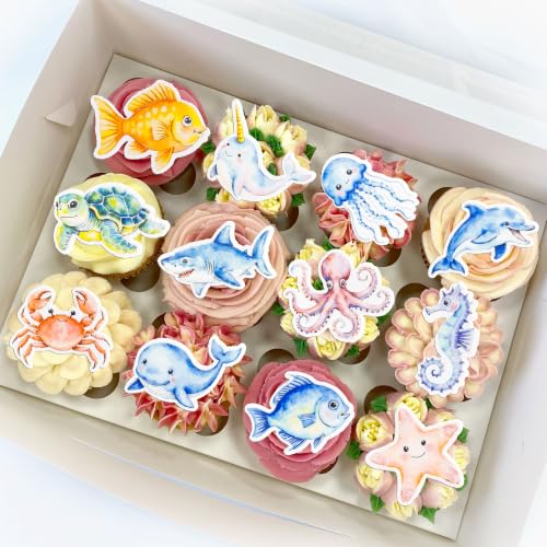 60Pcs Edible Ocean Animal Cupcake Topper Edible Starfish Octopus Crab Jellyfish Dolphin Starfish Seahorse Cupcake Picks for Under the Sea Baby Shower Boys Girls Birthday Party Decorations (Multi)