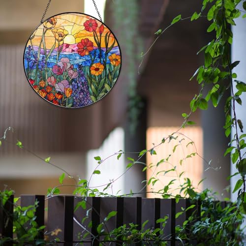 Wildflowers Sun Catcher 9.8'' Stained Glass Window Hanging Plant Lover Gifts for Women Wildflowers Wall Decor Handmade Sun Catcher Decoration for Window Garden Home Christmas & Birthday Gifts (Wildflowers / 9.8inch)