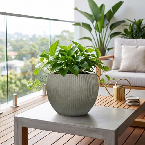 10.2"Dia x 7.8"H Modern Ribbed Plastic Planter Pot with Drainage (Vintage Sandstone-10.2"d X 7.8"h)