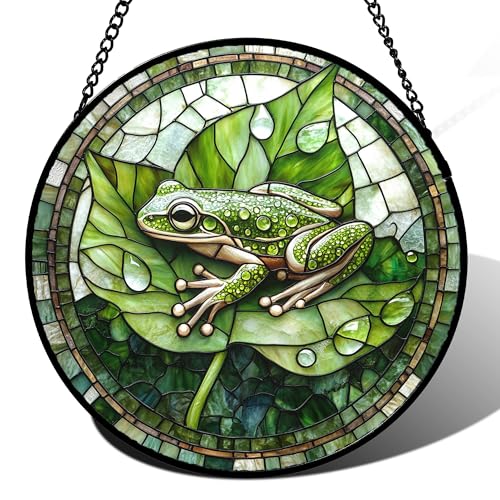 Green Frog Lily Pond Stained Glass Window Hanging Suncatcher Gifts 6.3" (Green / 6.3x6.3 IN)
