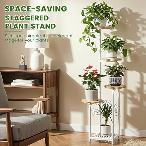 Tall 5 Tier Wood Plant Stand Indoor (Wood + White / 5-Tier Square Base)