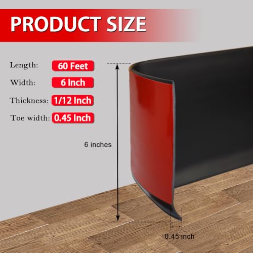 Vinyl Wall Base Rubber Baseboard Molding Trim Self Adhesive 6" Wide (60 Foot)