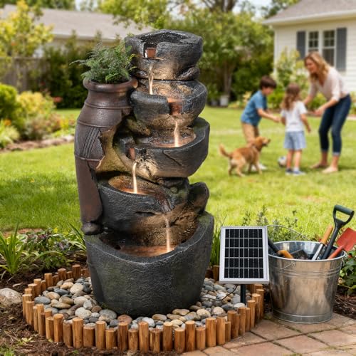 31.7" Tall Rock Solar Water Fountain Outdoor Waterfall (31.7’’H / Solar-jar & Stacked Stone)