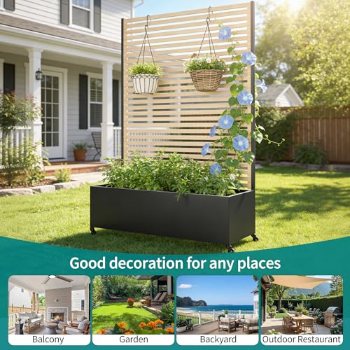 Metal Planter Box with Trellis Privacy Screen (Wood Grain / 73"x 47"x 16")