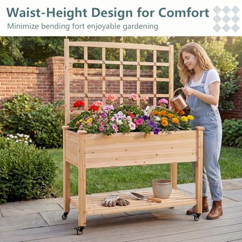 65'' Wooden Raised Garden Bed with Trellis & Legs (47” x 23” x 65”)
