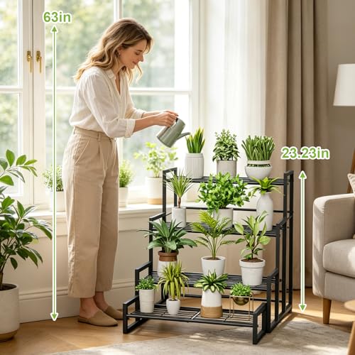 Plant Stand 4 Tier Widened Stackable Tiered Plant Stand (Black 9.84"W)