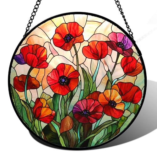 Red Poppy Flower Stained Glass Window Hanging Suncatcher Gifts for Mom 6.3" (Red / 6.3x6.3 IN)
