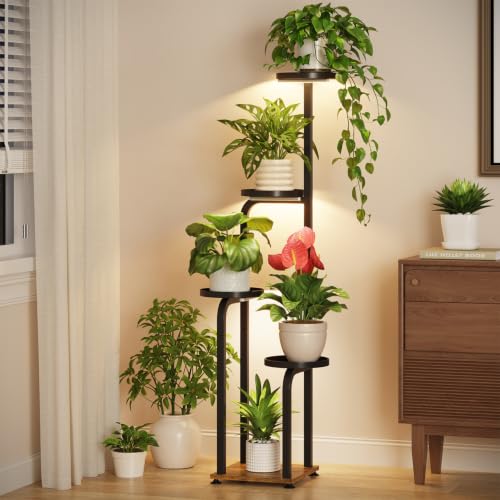 Plant Stand Tall for Indoor Corner with Grow Lights (Metallic Black with Light / 5 Tier)