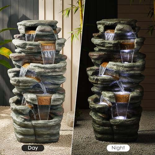 48" High 7 Tiers Cascading Rock Outdoor Water Fountain with LED Lights (48inch / Gray_6)