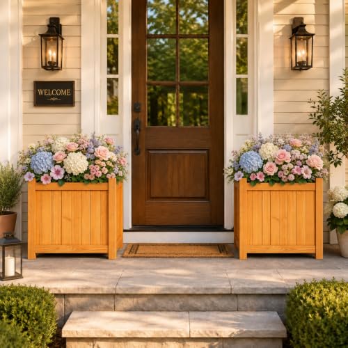 2 Pack 16" Square Fir Wood Planter Boxes with Drainage Holes (Square Planter Boxes-natural Fir Wood Color)