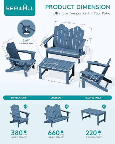 5 Pc HDPE Adirondack Set (Navy / 2 chair &2 bench &1 coffee table)