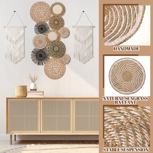 11 Pcs Boho Wall Basket Decor Bulrush Woven Wall Hanging Art Round Farmhouse Rustic Handmade Wicker for Summer Home (13 Count)