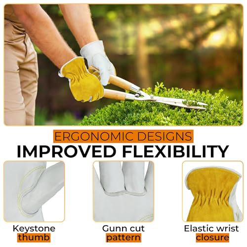 6 Pairs Leather Work Gloves for Men & Women (Beige-yellow (6 Pairs) / Small)