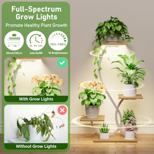 Plant Stand with Grow Lights 4 Tier Metal Plant Shelf 32" White