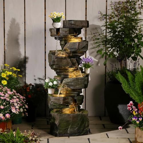 48H Large Rock Cascading Outdoor Water Fountain with 6 Tiers (48H / Gray-rock)