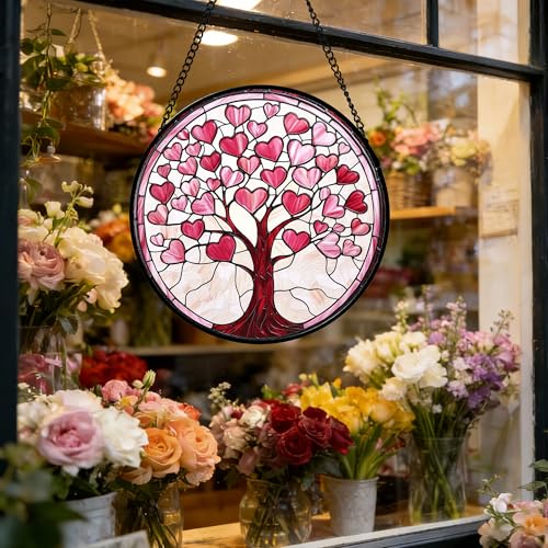 Pink Heart Tree Stained Glass Window Hanging Suncatcher Gifts Decor 12"