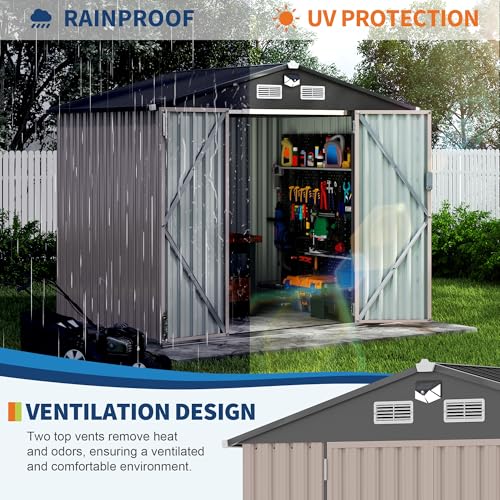 6x8 FT Metal Storage Sheds Outdoor with Solar Light (Brown / 6x8FT with Light)