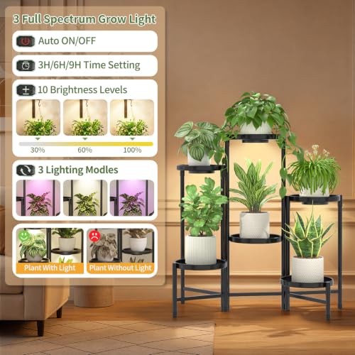 Plant Stand Indoor 10 Inch Large Tray With Lights (Standard Black with Light / 6 Tier)