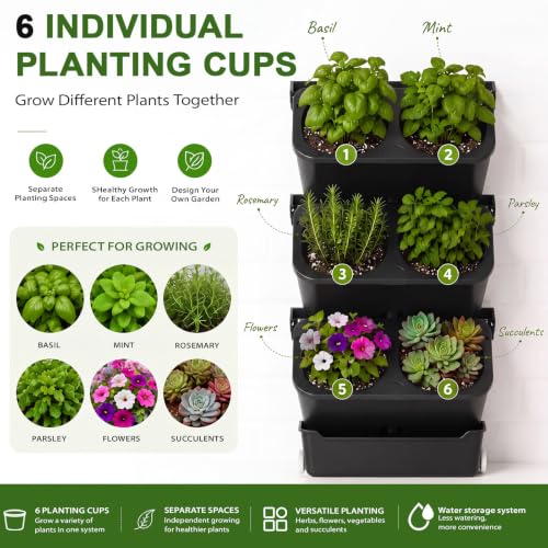 3 Set 6 Pocket Vertical Stackable Wall Planters Kit Outdoor Self Watering Plastic Planter Grow Hang Mount System for Strawberry Flower Vegetable Home Fence Balcony Wall Decor (Black)