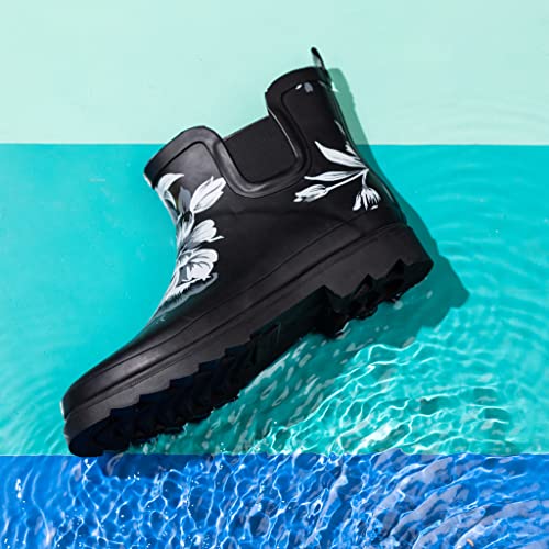 Women's Waterproof Ankle Rain Boots (7 / Black Floral Matte)