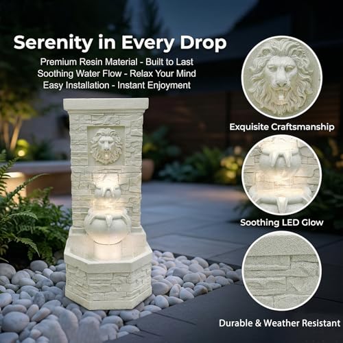42'' Lion Head Outdoor Water Feature Fountain for Garden with Lights (White Lion 42in)