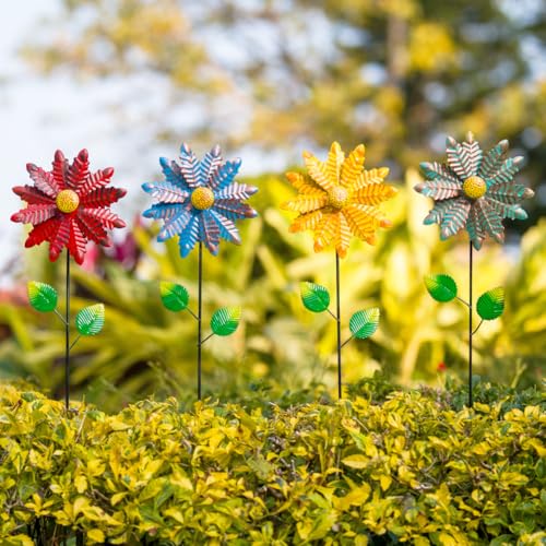 4 Packs Flowers Wind Spinners Outdoor (Flowers-vibrant)