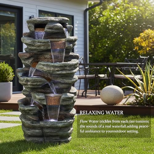 48" High 7 Tiers Cascading Rock Outdoor Water Fountain with LED Lights (48inch / Gray_6)