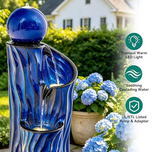 32"Ceramic 3 Tier Sphere Outdoor Water Fountain (Blue Wave Texture Cobalt 32"h-sphere)