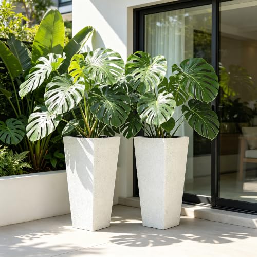 Autodaya 28" Plant Pots Tall Planters for Outdoor Plants Set of 2 with Tray (Tall Terrazzo White-28")