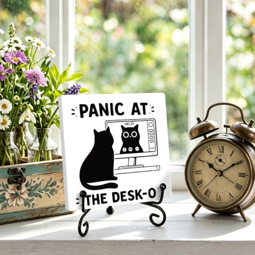 Cat Wooden Plaque for Home Office Book Shelf Table Decor 6.3x6.3 Inch (Multicolor 1715 / Wooden sign with iron frame（6.3 x 6.3 inches）)