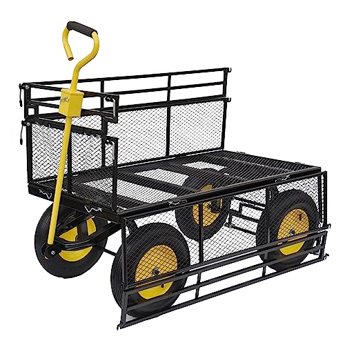 Large Steel Multifunctional Garden cart with Four Detachable Double Side Plates (Big Double Baffle Black+yellow)