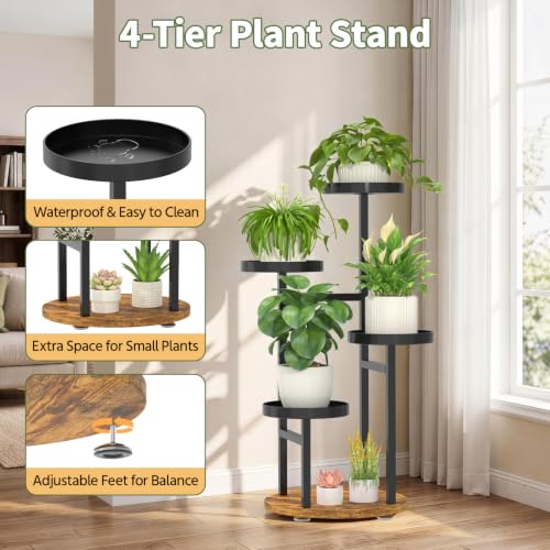 Plant Stand for Indoor Corner (Jet Black-Brown with Light / 4 Tier)