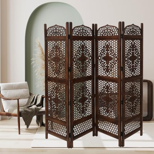 Room Divider Wooden Foldable Hand Carved Screens Panel_80" Wx72 H_4Panel (Burnt / 80"W x 72"H - Minar)