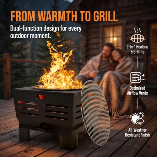 Smokeless Wood Fire Pit with BBQ Grill for Camping & Backyard (Country Rustic)