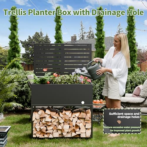 Metal Planter Box with Trellis (Black / 55"H x35"W)