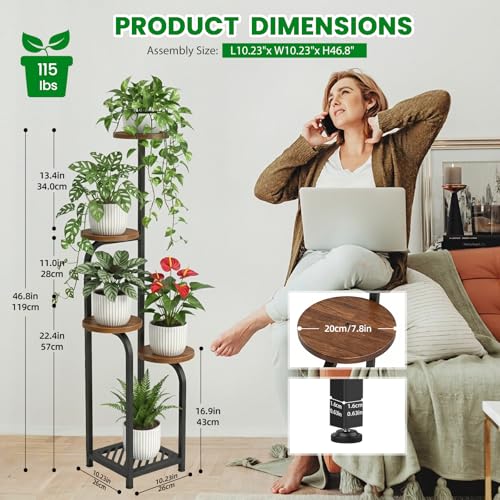 Tall 5 Tier Corner Plant Stand Indoor (Wood + Black / 5-Tier Square Base)