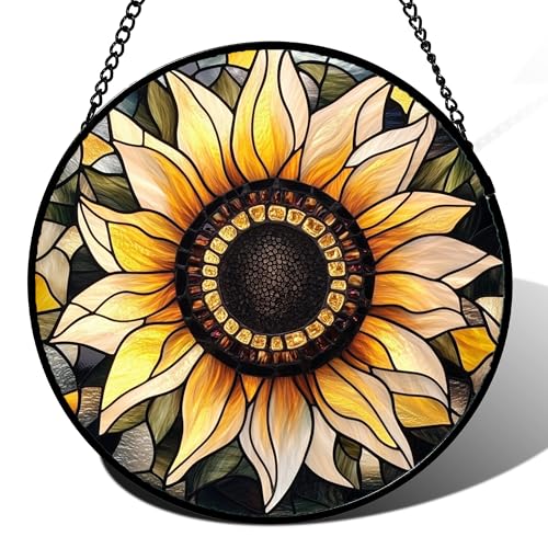 Retro Sunflower Stained Glass Window Hanging Suncatcher Gifts for Mom 6.3" (Yellow / 6.3x6.3 IN)
