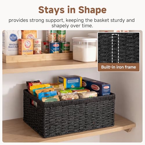 Wicker Storage Baskets for Organizing (Black (Paper Rope) / 15"L x 11"W x 7"H + 13"L x 9"W x 6¼"H)