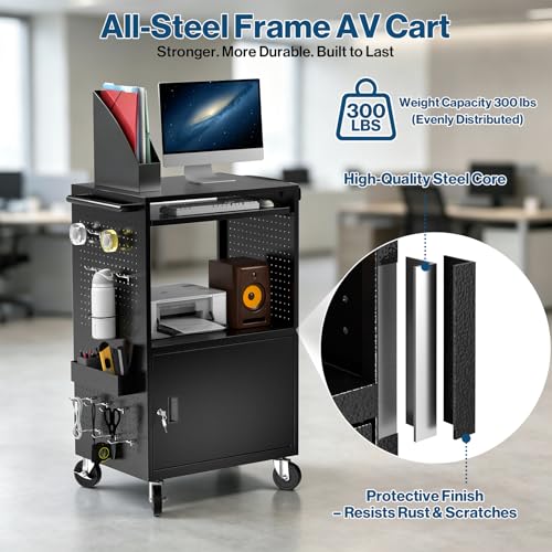 Mobile Steel AV Cart with Pegboard (Large with Side Pegboard)